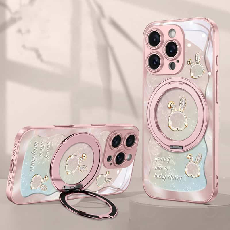 Rose Pink Wavy Shell Texture Rabbit Magsafe (Magnetic) Stand Phone Case for iPhone 14 Series